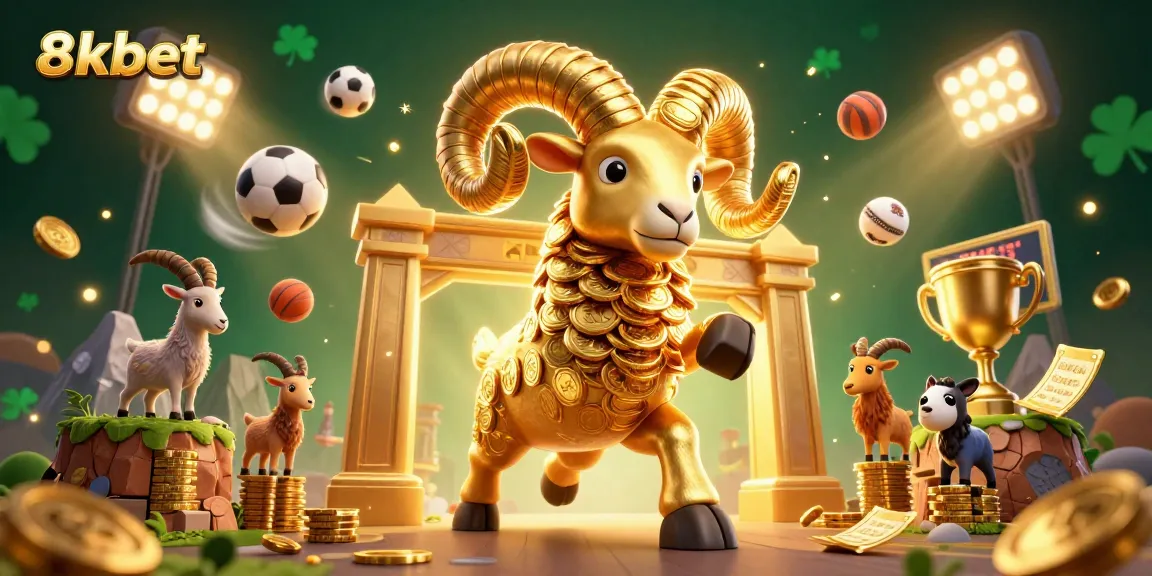 Bet on 8xbet with a dynamic scene featuring a golden ram and flying sports balls in an animated casino.