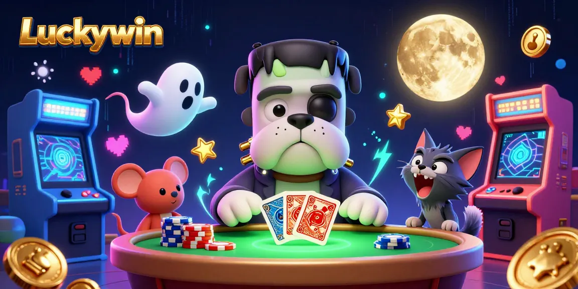 Engage in exciting gameplay at Luckywin with a cartoon monster dealer, chips, and gaming elements.