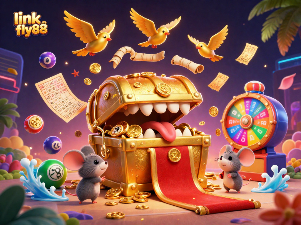 Engage with the excitement of lottery draws at link fly88, featuring vibrant balls and a dynamic treasure chest.