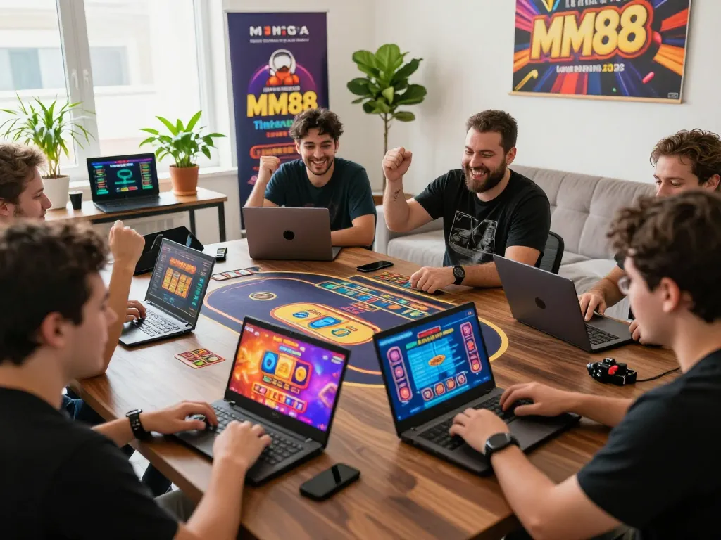 Players enjoying MM88 games in a vibrant online gaming environment, showcasing excitement and community.