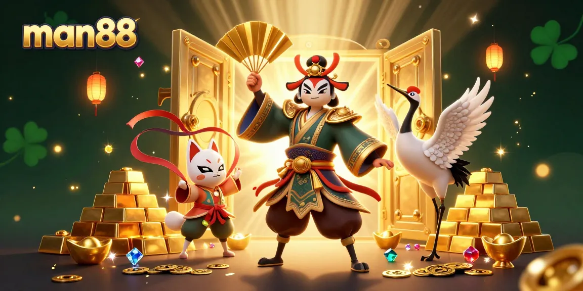 Experience the thrill of man88 with an illustration of a kabuki warrior and casino elements.