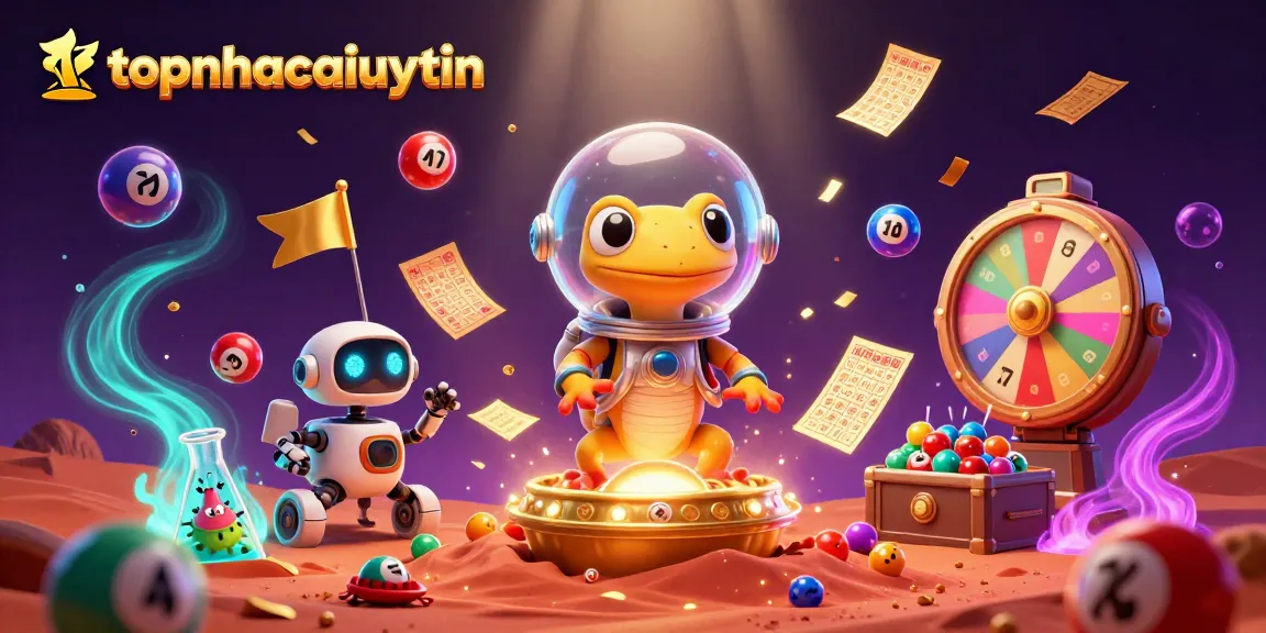 topnhacaiuytin showcases a Martian gecko discovering a golden casino with vibrant lottery elements, creating excitement.