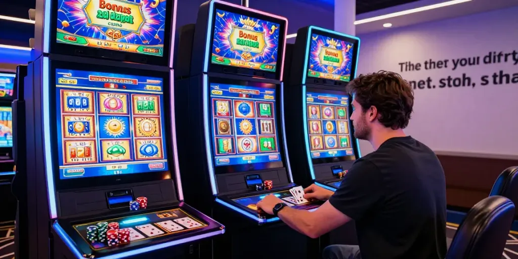 Player enjoying thrilling gameplay at a vibrant online casino with a bonus sans depot casino banner.