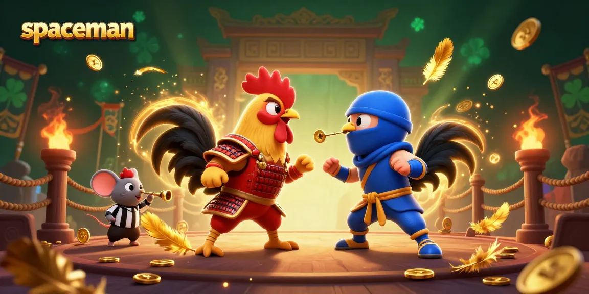 Spaceman features thrilling gameplay, showcasing twin roosters in battle amidst golden feathers and sparks.