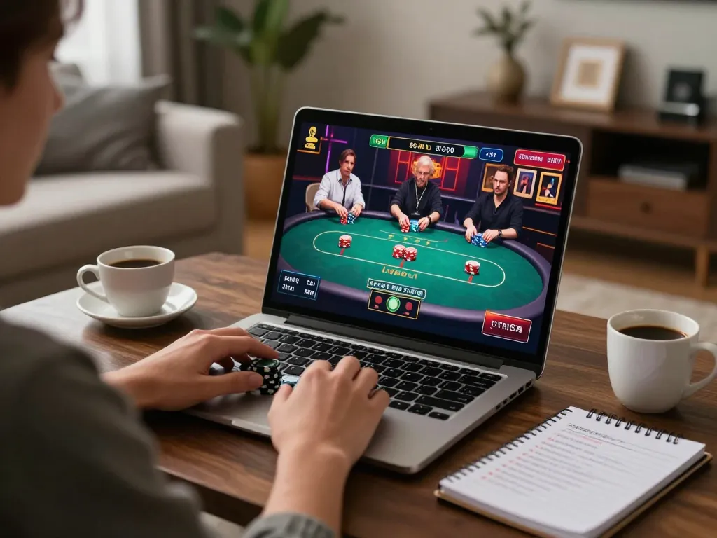Engaging view of online poker action with nhà cái mb66 on screen, highlighting responsible gaming in a cozy setting.