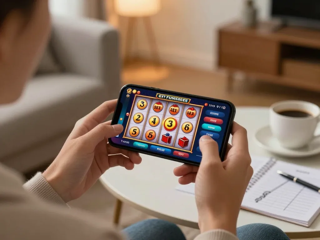 Engaging mobile gaming on a situs slot app with vibrant slot reels in a cozy setup.