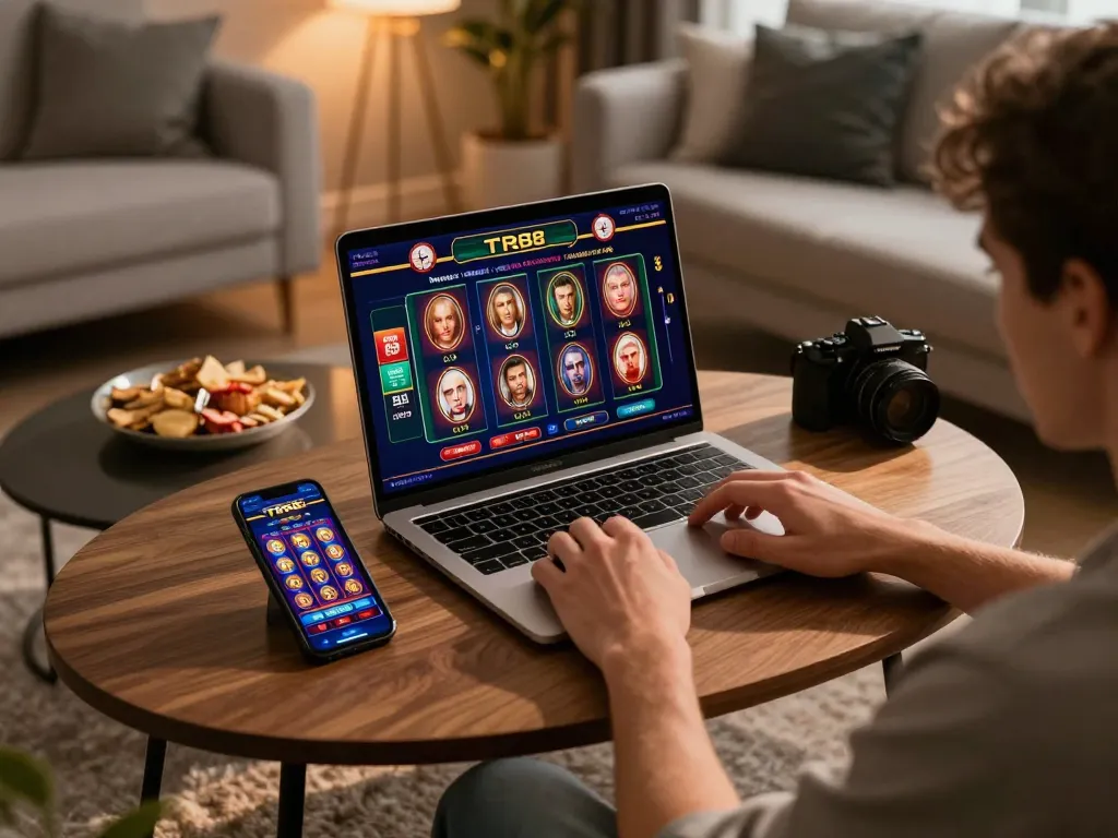 Engaging in online casino gaming with TR88 interface on a laptop and smartphone, relaxing home atmosphere