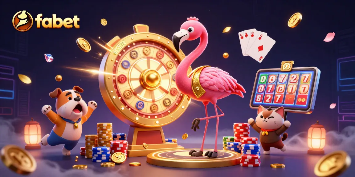 Experience the excitement of fabet as the game show host spins the prize wheel amid vibrant casino elements.