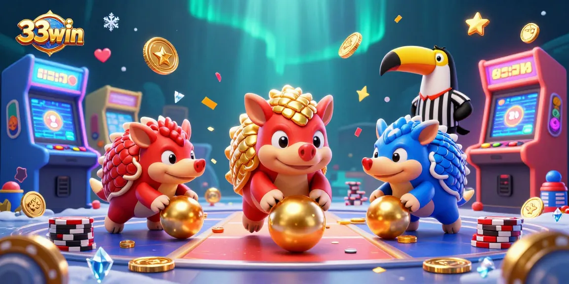 33win showcases dynamic gaming action with rival pangolins competing over poker chips amid vibrant casino elements.