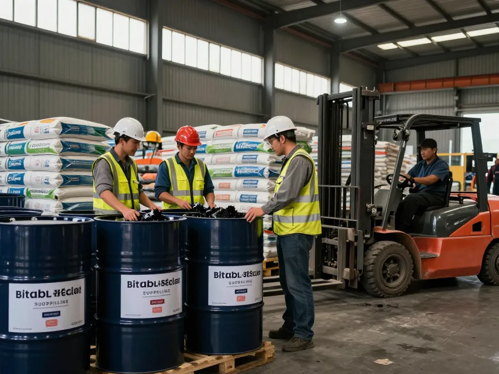 Bitumen supplier warehouse operations with workers inspecting drums and forklifts in action.