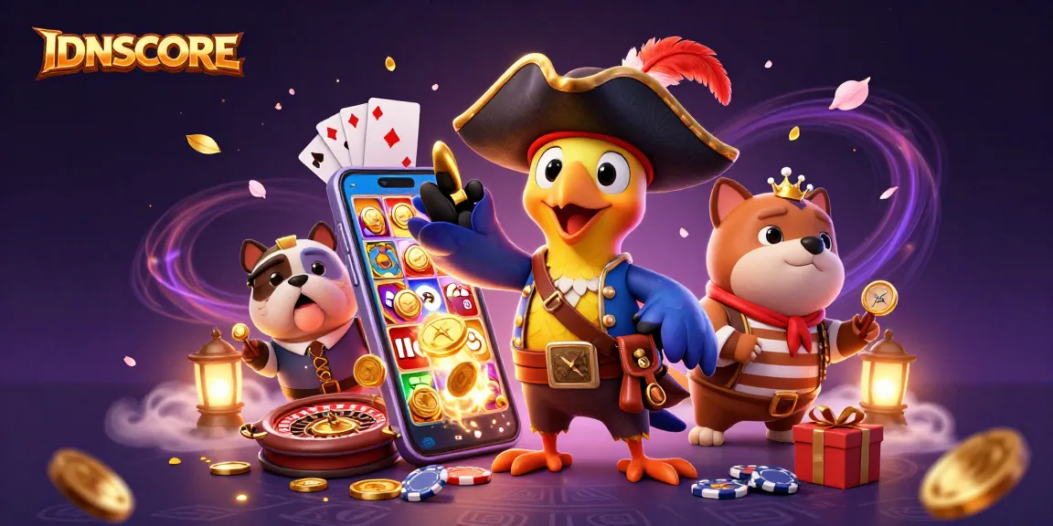Experience the excitement of gambling with IDNSCORE's vibrant 3D illustration showcasing thrilling slot games and engaging characters.