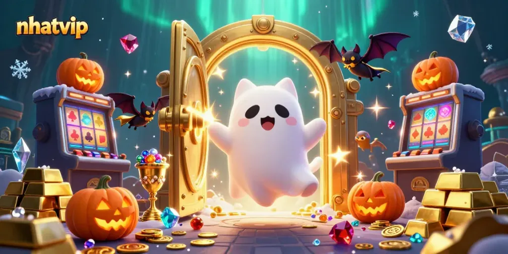 Engage in the thrilling atmosphere of the nhatvip casino with a playful ghost cat and radiant treasures.