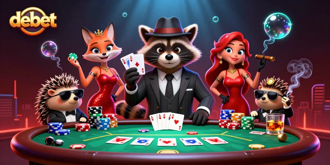 Experience the thrill of debet with a captivating poker scene featuring a suave raccoon, a glamorous fox, and a hedgehog.
