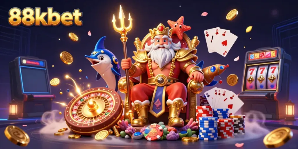 Experience the excitement of 88kbet with Neptune and treasures in this dynamic casino scene.