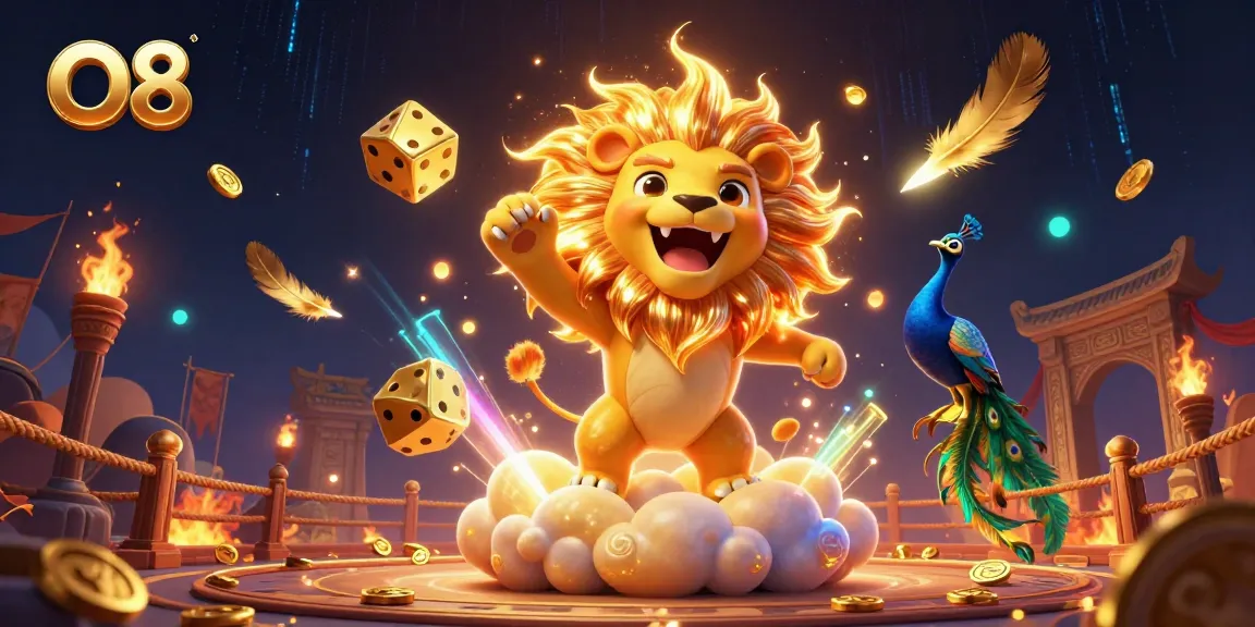 Engage with O8 for thrilling gaming experiences, featuring a majestic lion and dynamic casino elements.
