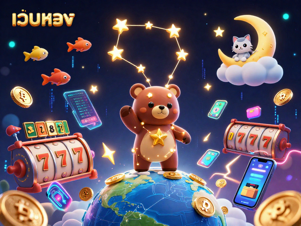 Play slots and win with เว็บตรง, featuring a cartoon star bear and cosmic elements!