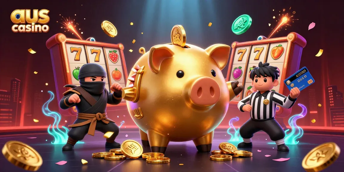 Engage with the vibrant aus casino scene, featuring dynamic 3D characters and colorful slot game elements.