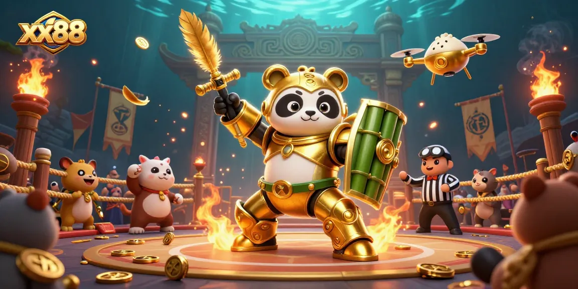Experience exhilarating gameplay with xx88, a lively illustration depicting a golden panda in a mech-suit in a vibrant gambling arena.