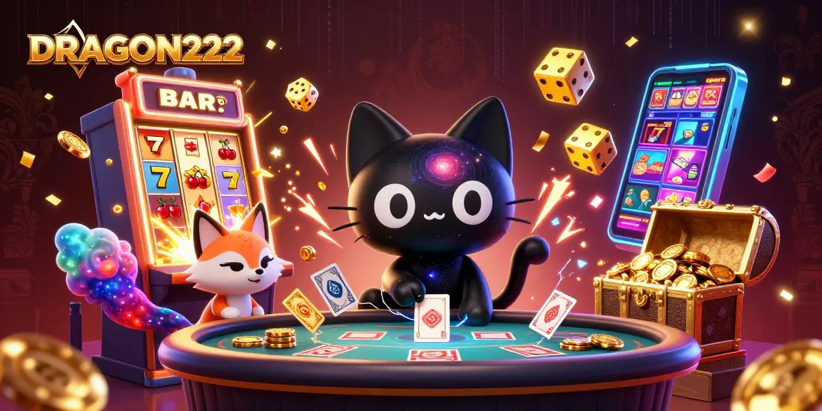 Spin to win with DRAGON222 as the captivating cosmic cat gathers golden chips in a vibrant casino scene.