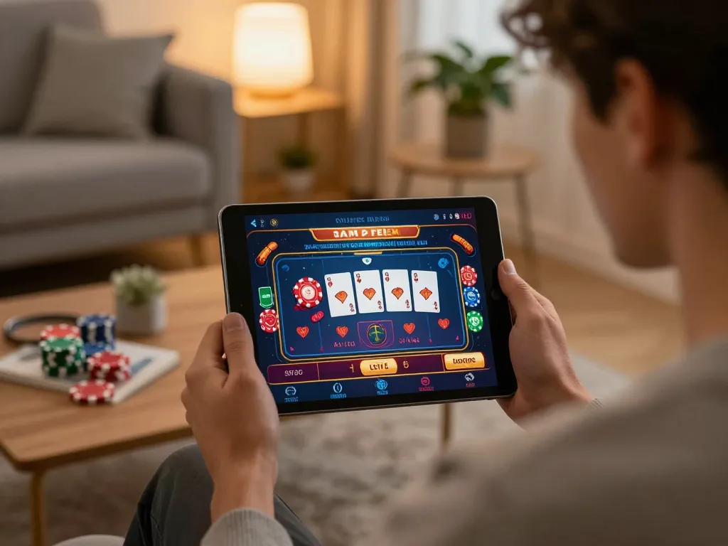Player engaging with the dn88s online casino app at home, showcasing vibrant game graphics and cozy environment.