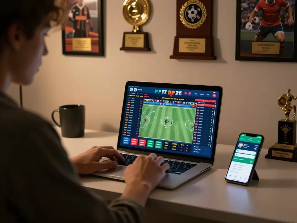 Fun88 live sports betting scene with user engaged in online wagering at home, laptop showing odds.