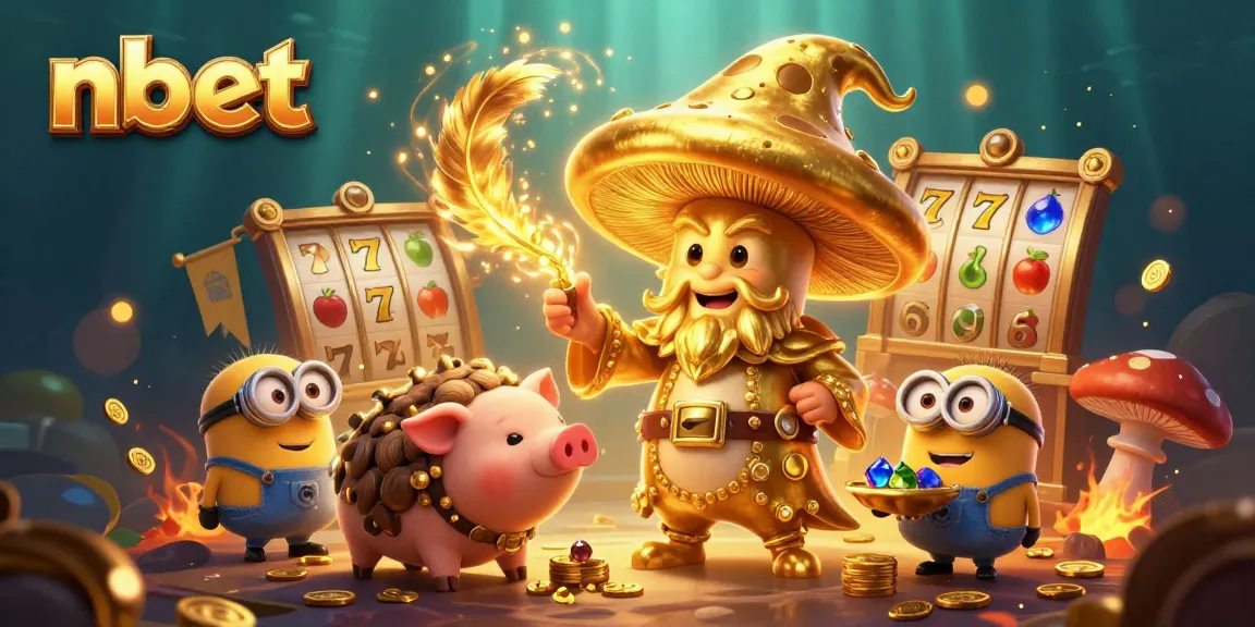 Experience thrilling slots with nbet's golden wizard and treasure hunting pig in an enchanting 3D scene.