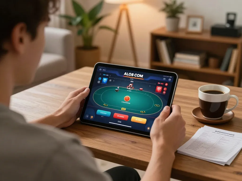 Enjoying online poker gameplay on tablet with ALO8 COM displayed on the screen in a cozy living room.