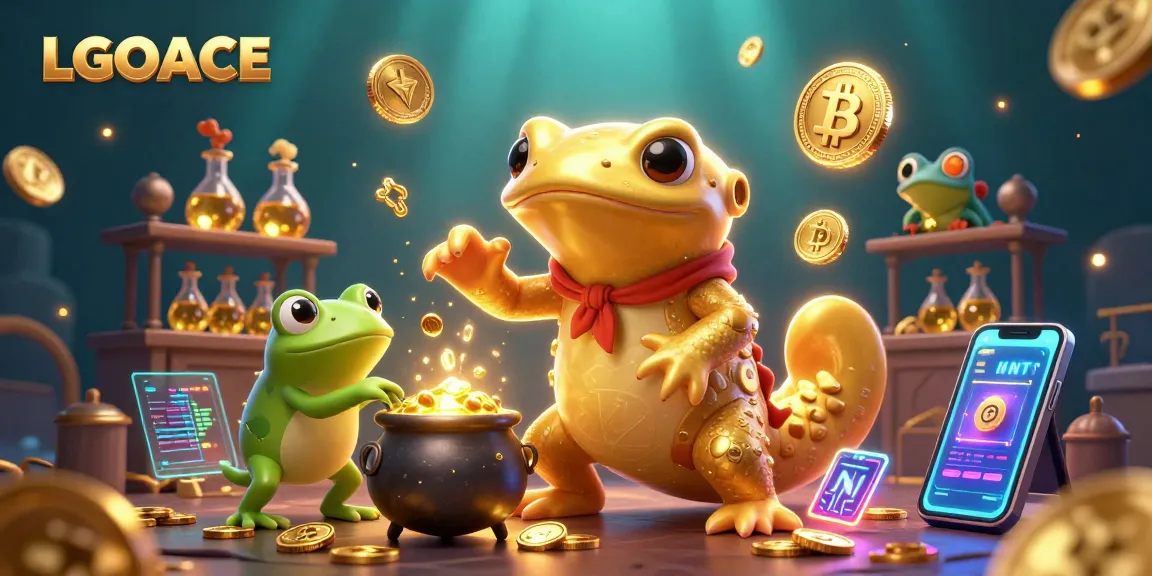 LGOACE showcases a vibrant casino scene with a golden salamander alchemist and crypto elements.