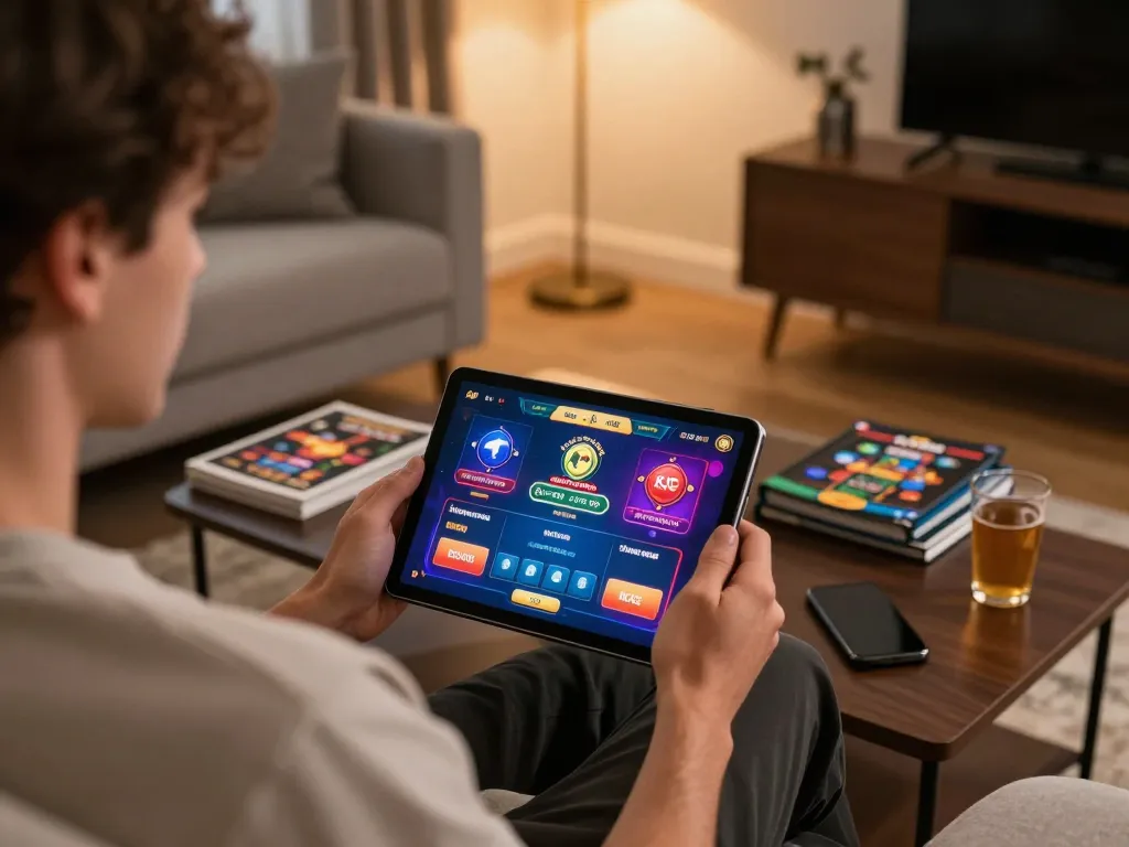 KJC player enjoying online casino game on tablet in cozy home setting