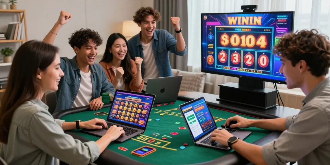 Dynamische Paysafe Card Casinoszene mit Spielern, die an Online-Glücksspielaktivitäten teilnehmen, und dabei Aufregung und sichere Transaktionen zeigen.