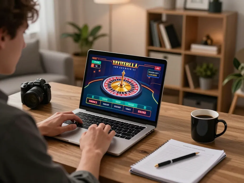 Engaging online gaming experience with mb66, player interacting with live roulette on a laptop in a cozy home office.