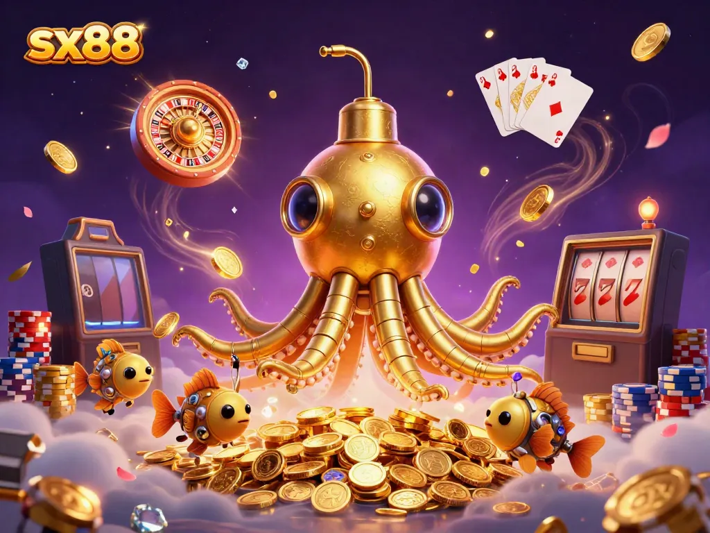 Experience the excitement of sx88 with a golden kraken submarine surrounded by casino elements.
