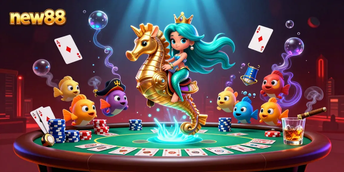 Experience thrilling gameplay at new88 with vibrant casino action featuring poker and aquatic characters.