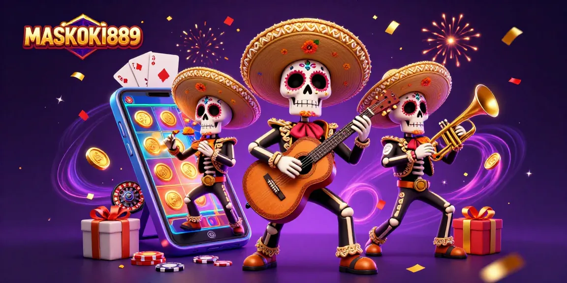 Engage with MASKOKI889's vibrant casino scene featuring mariachi skeletons and colorful slot games.