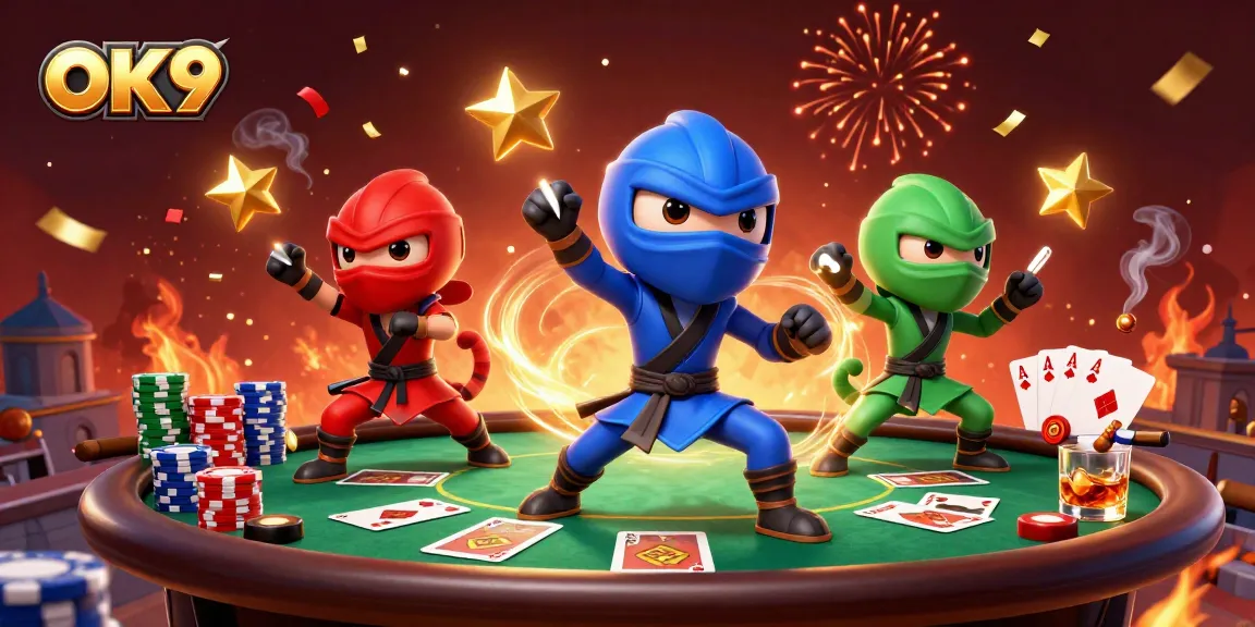 Experience thrilling action with OK9's vibrant poker scene featuring dynamic ninja chameleons.