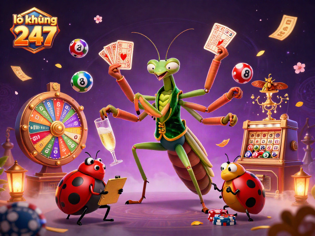Join the excitement at lô khung 247 with vibrant lottery balls, a card sharp, and a lively pit boss!