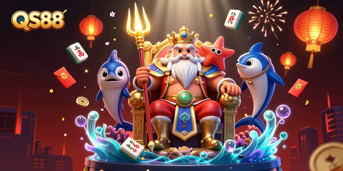 Win big at QS88 with vibrant 3D illustration of Neptune and game elements creating an exciting atmosphere.