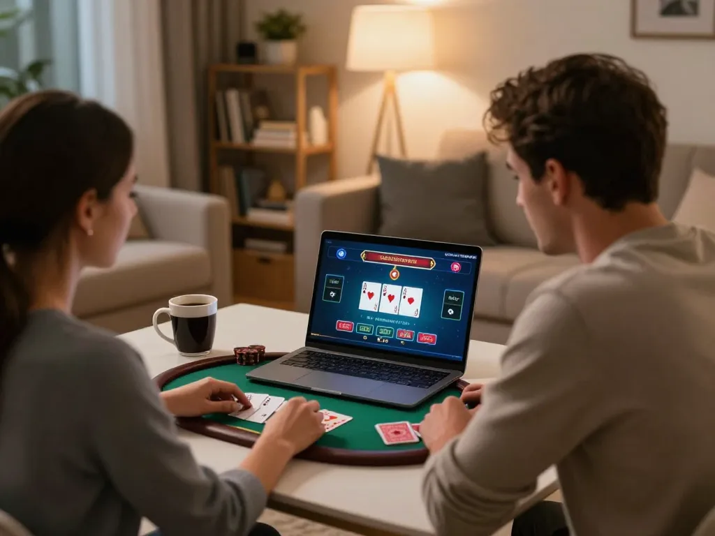 Couple enjoying online poker at home with GG88 platform visible on their laptop screen.