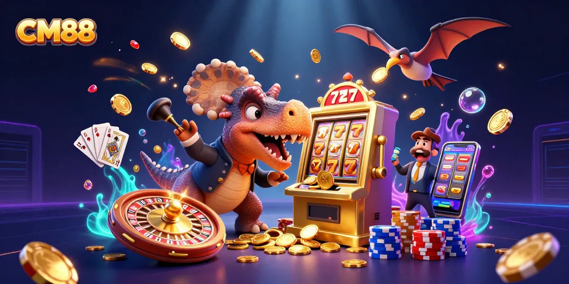 Experience CM88's thrilling jackpot with a dinosaur winning big at a colorful slot machine.