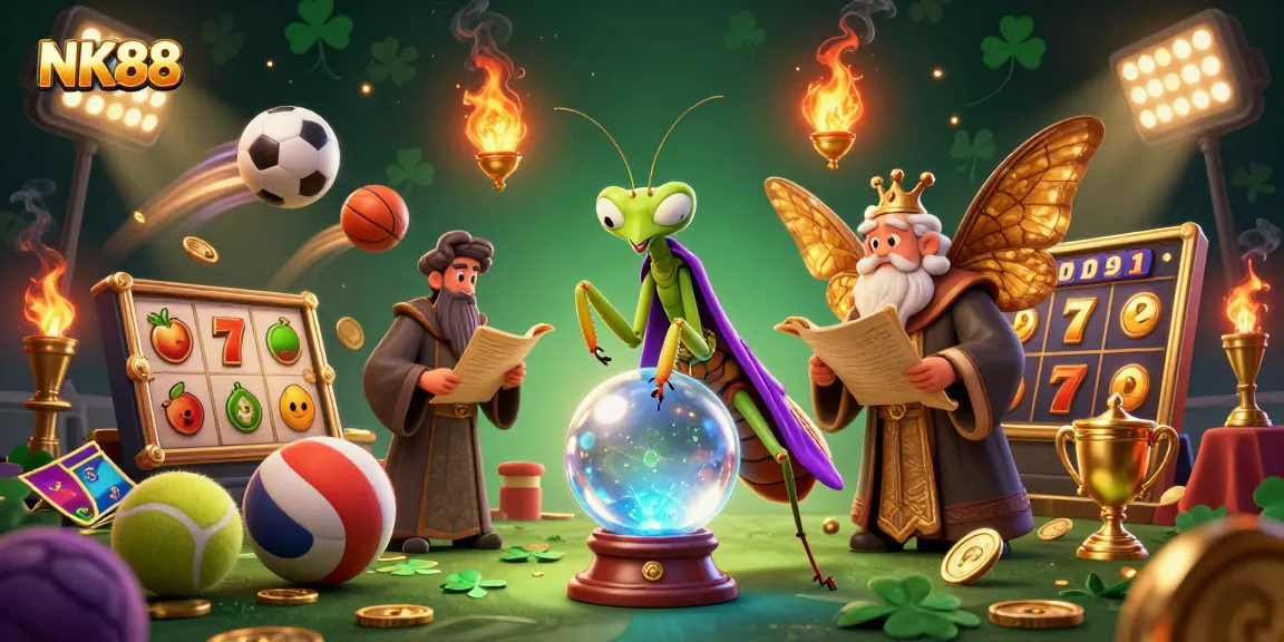 Engage with NK88's immersive gaming experience through vibrant 3D casino illustration featuring slots and sports elements.
