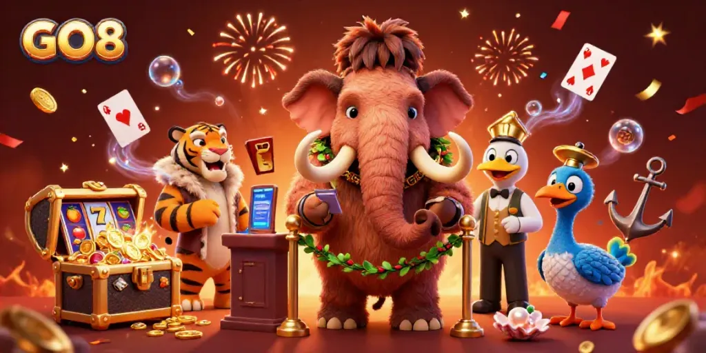 Engage with GO8's vibrant casino scene featuring a mammoth bouncer, saber-tooth VIP, and playful elements.