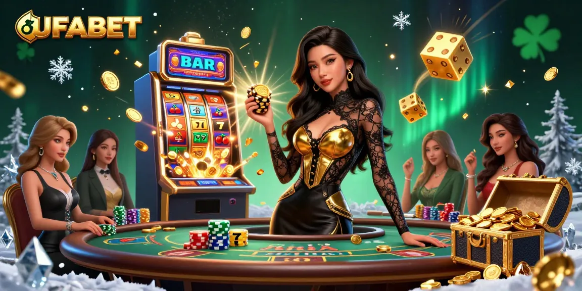 Experience the thrill of UFABET with an elegant Asian woman at a VIP baccarat table, immersed in an extravagant casino atmosphere.