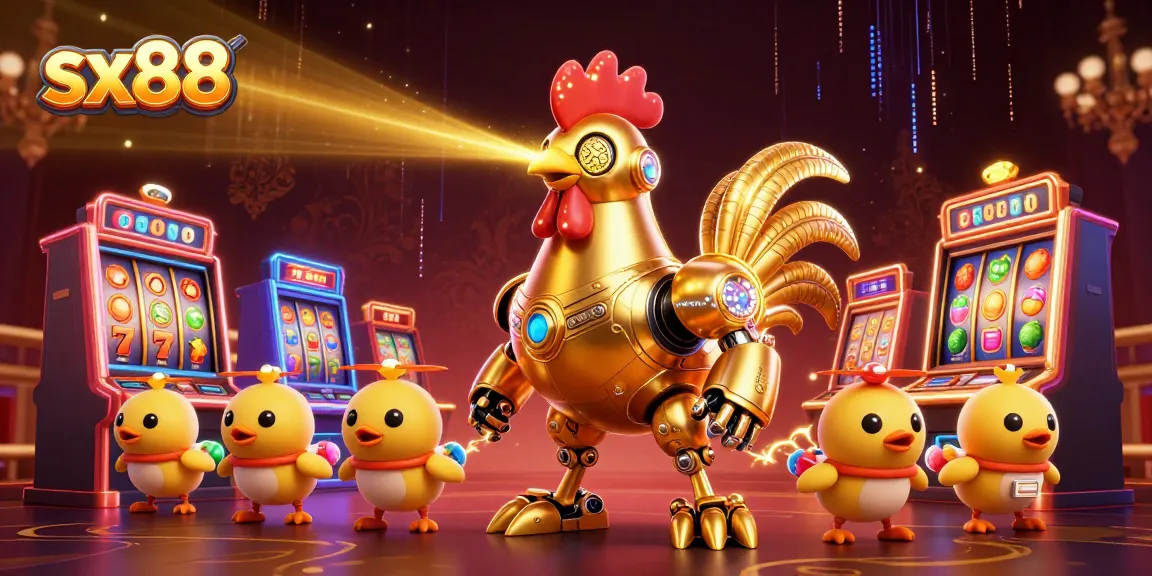 Engage with sx88's dynamic 3D slot gaming scene featuring a golden rooster robot.