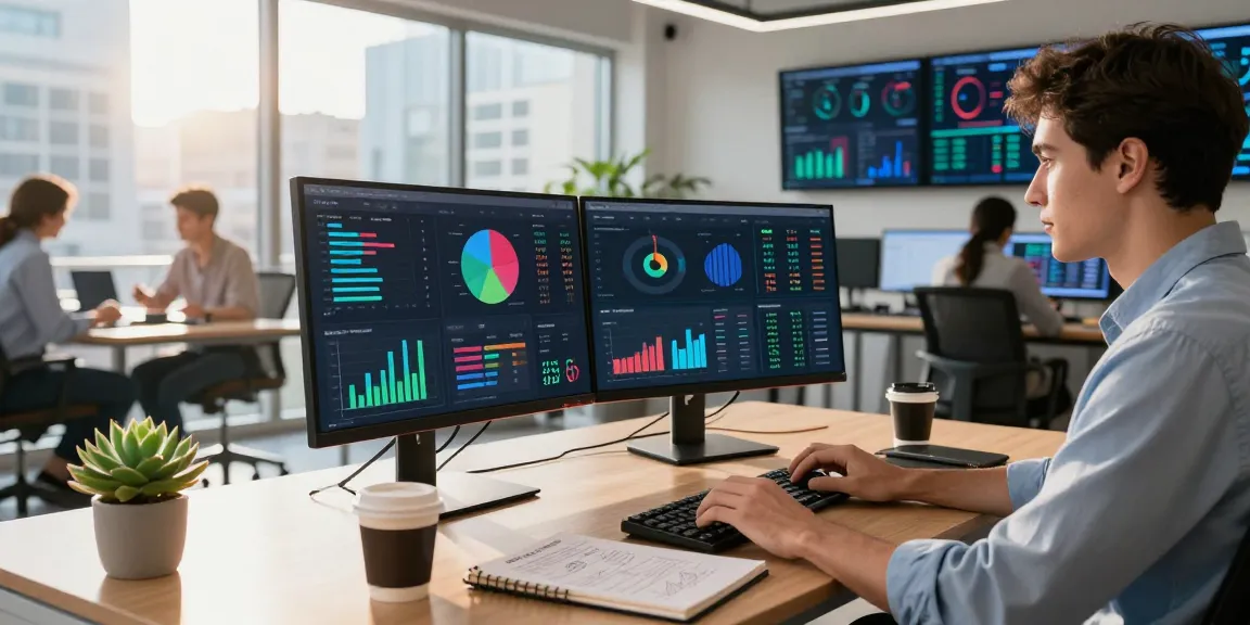 Data analytics workspace depicting https://factors.org.uk with analysts evaluating performance metrics among modern office settings.