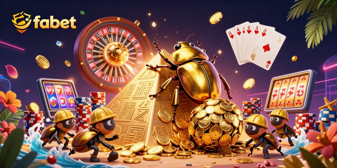 Experience the excitement with fabet as a golden beetle rolls coins, symbolizing big wins.