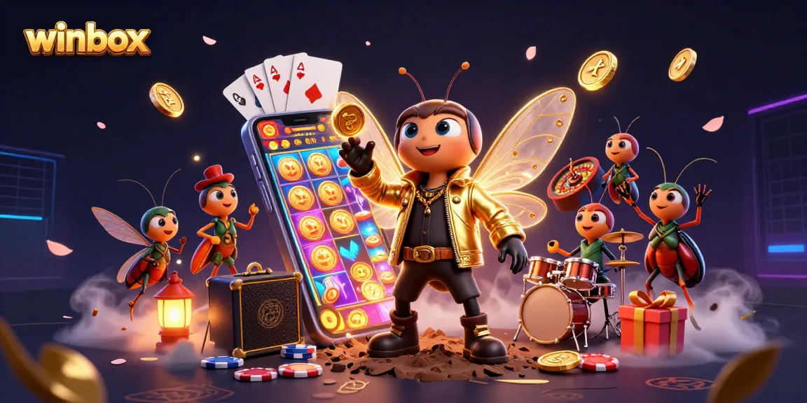 Winbox showcases a vibrant casino scene featuring a cartoon cicada rock star amidst gaming elements.