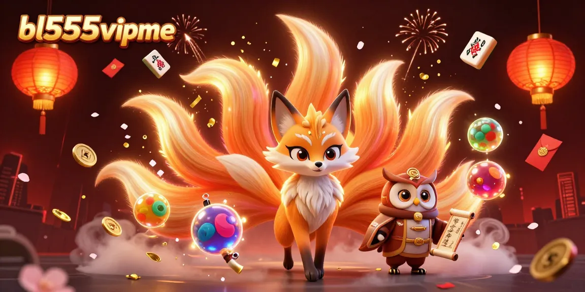 Engage with the vibrant world of bl555vipme through a magical scene of a nine-tailed fox and wise owl, surrounded by enchanting casino elements.