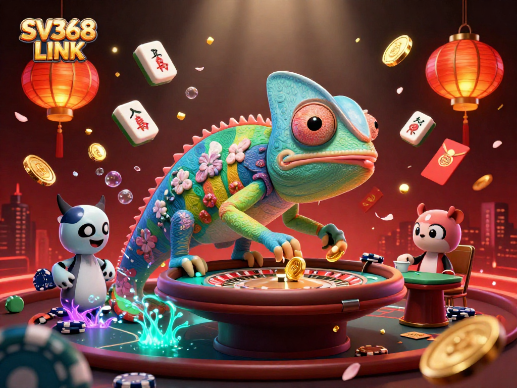 Experience thrilling gameplay at SV368 LINK with vibrant casino elements and a lively chameleon owner.