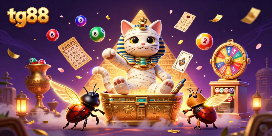 Engage with tg88's vibrant gaming universe featuring a mummy cat and golden elements.