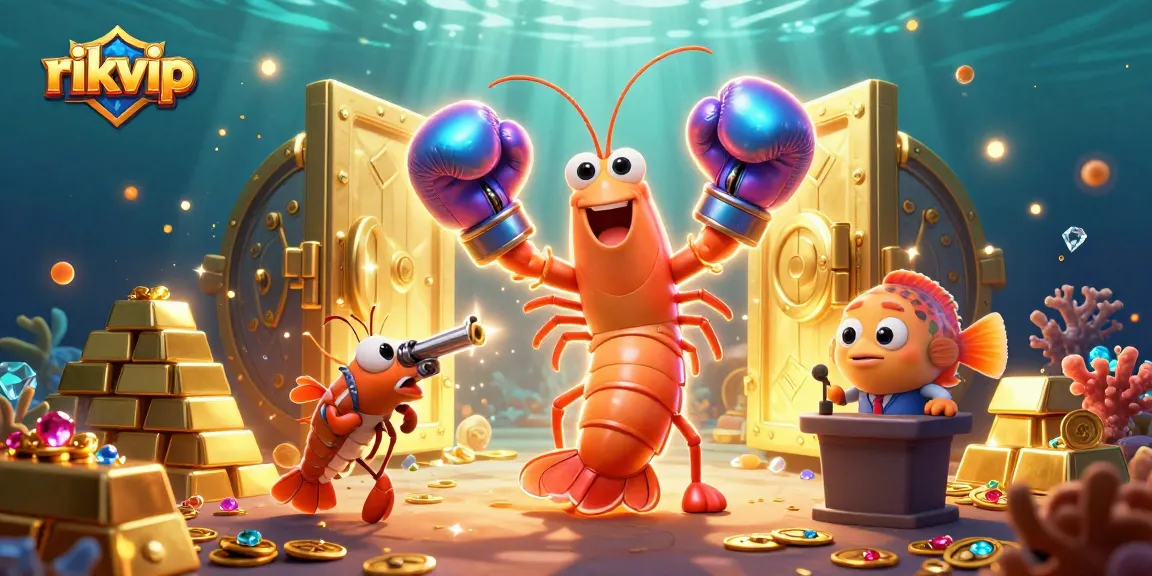 Unleash winnings at rikvip with thrilling casino gameplay featuring dynamic shrimp characters and treasure.